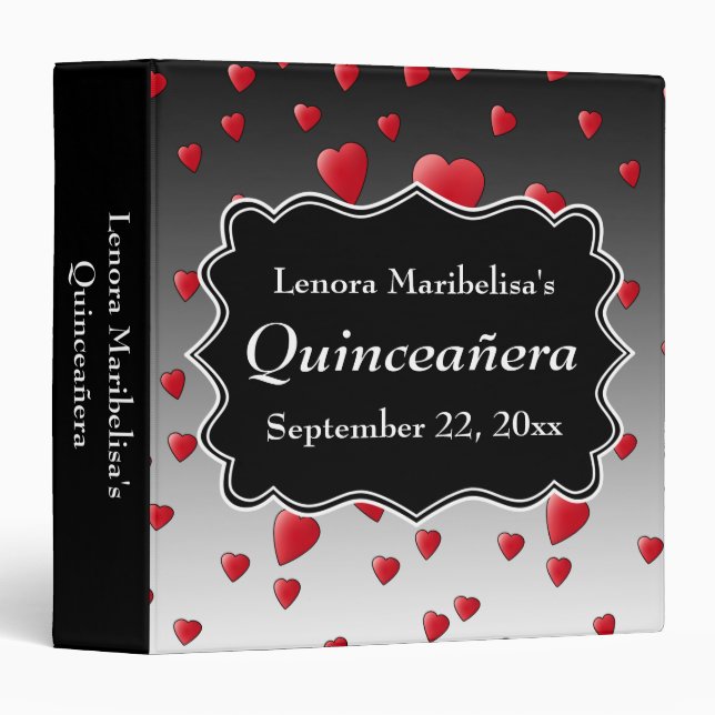 Bright Red Hearts Pattern Quinceanera Binder (Front/Spine)