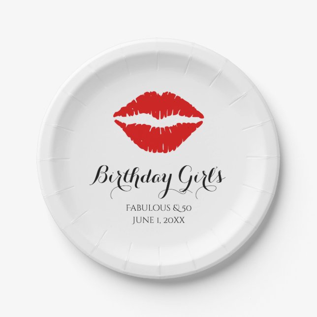 Bright Red Lipstick Fabulous & 50 Birthday Party Paper Plate (Front)