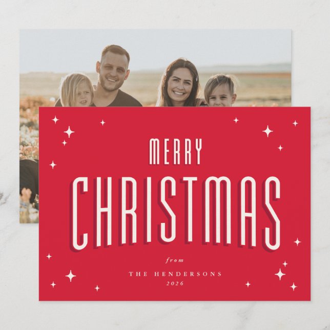 Bright Red Merry Christmas Retro Stars Flat Photo Holiday Card (Front/Back)