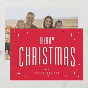 Bright Red Merry Christmas Retro Stars Flat Photo Holiday Card