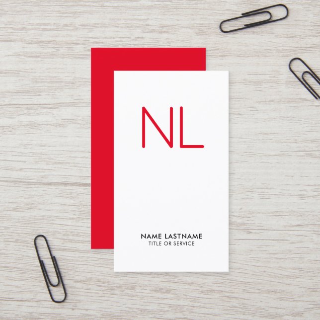 Bright Red Monogram Minimalistic White Vertical Business Card (Front/Back In Situ)