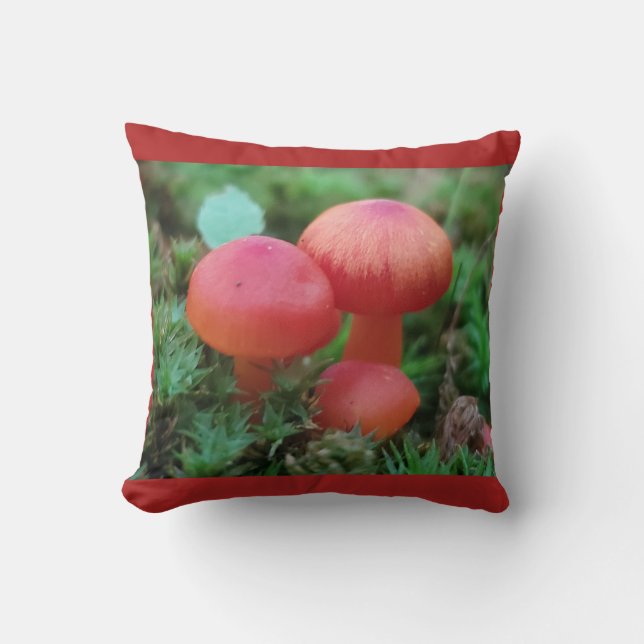  Bright Red Mushrooms on Forest Floor Throw Pillow (Front)