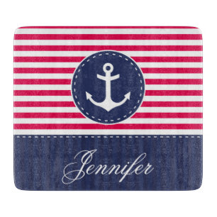 Bright Red Navy Blue Anchor Custom Text Cutting Board