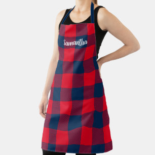 Bright Red Navy Blue Buffalo Plaid Personalized Apron