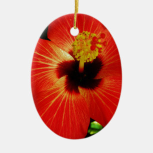 Bright Red Orange  Hibiscus Flower Ceramic Ornament