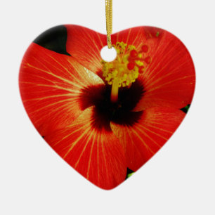 Bright Red Orange  Hibiscus Flower Ceramic Ornament