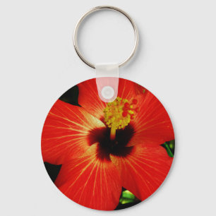 Bright Red Orange  Hibiscus Flower Keychain