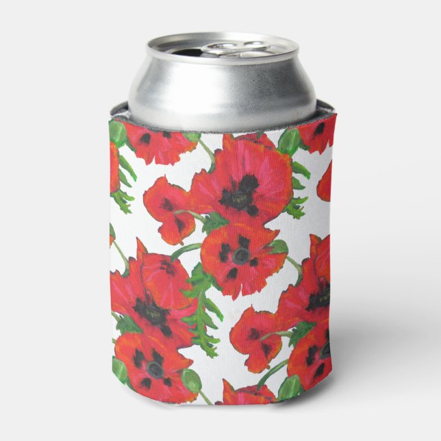 Bright Red Oriental Poppies Pattern on White Can Cooler (Can Front)