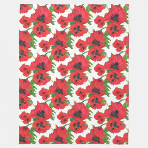 Bright Red Oriental Poppies Pattern on White Fleece Blanket