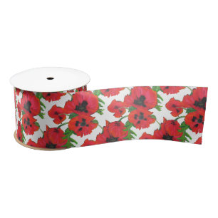 Bright Red Oriental Poppies Pattern on White Satin Ribbon