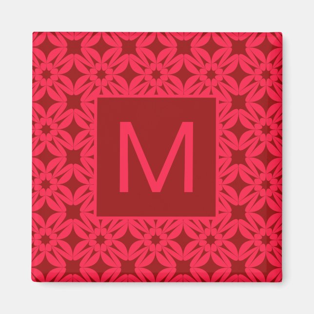 Bright Red Ornate Pattern Monogrammed Magnet (Front)
