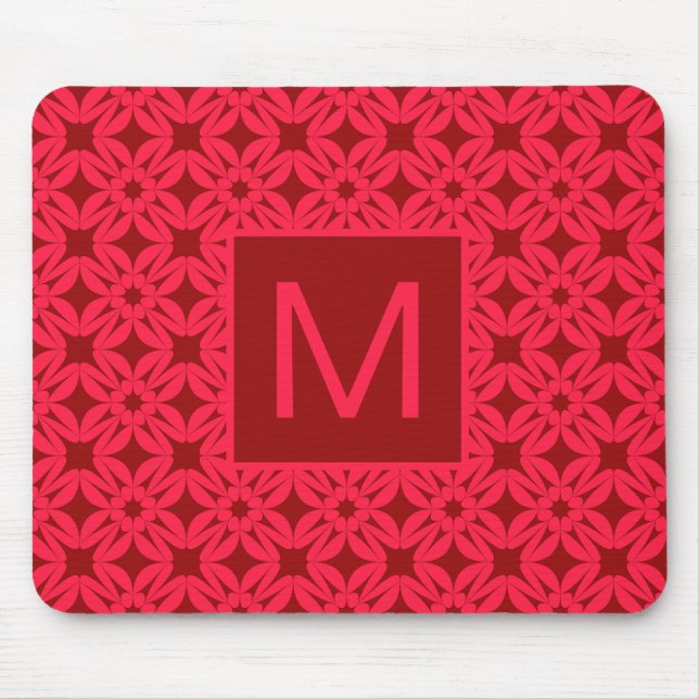 Bright Red Ornate Pattern Monogrammed Mouse Pad (Front)