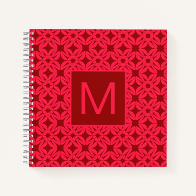Bright Red Ornate Pattern Monogrammed Notebook (Front)