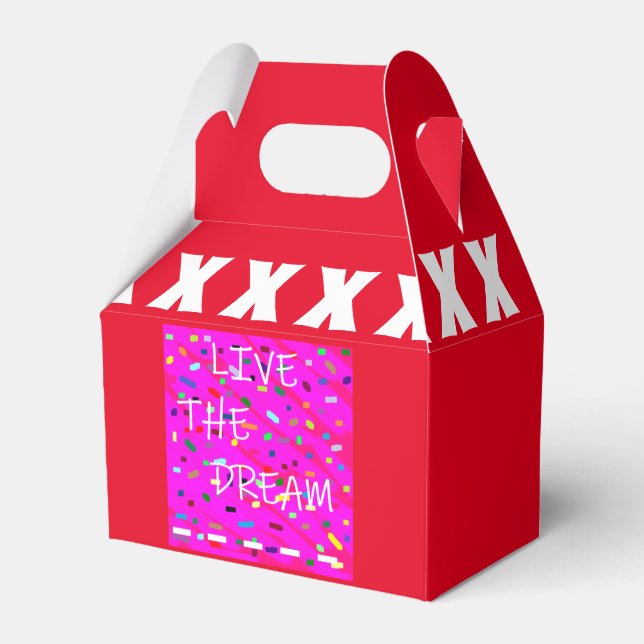 Bright red pink patterned with border at top favor box (Front Side)