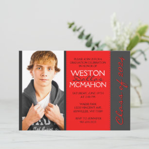 Bright Red & Pinstripe Grey Photo Graduation Invitation