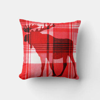 Bright red plaid moose rustic pillow
