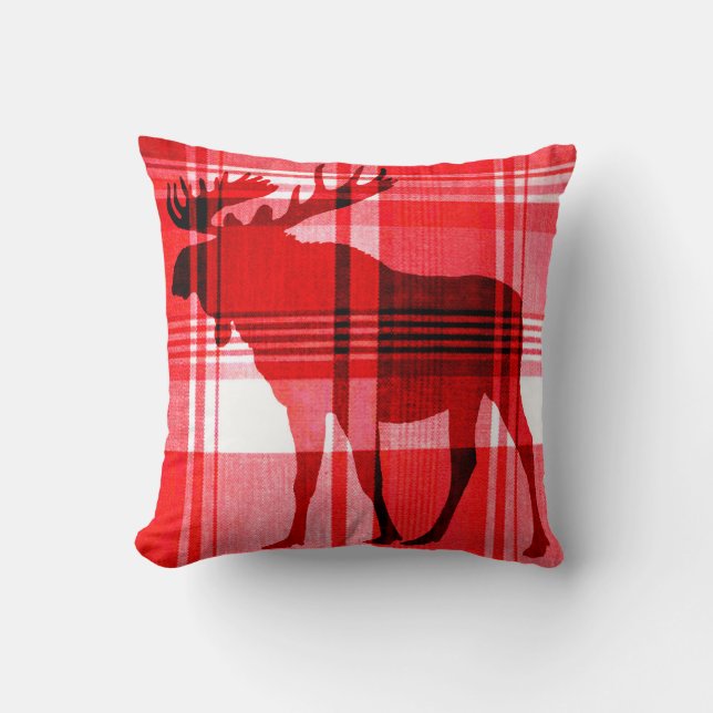 Bright red plaid moose rustic pillow (Front)