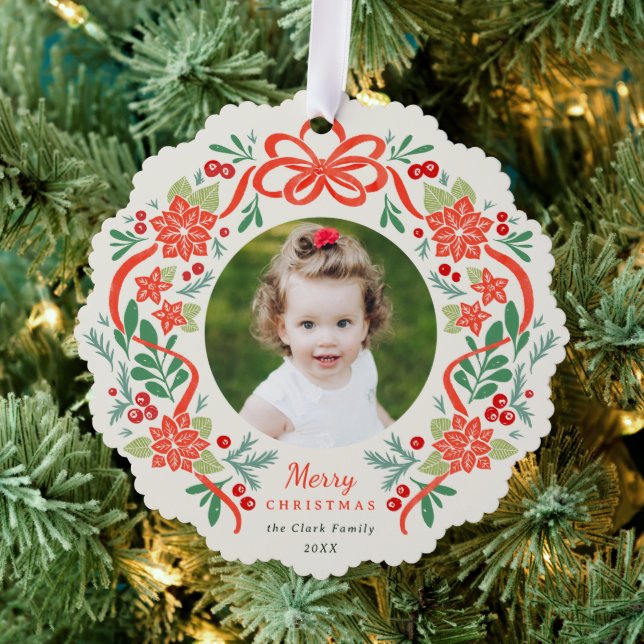 Bright Red Poinsettia and Greenery Christmas Photo Ornament Card (Insitu (Tree))