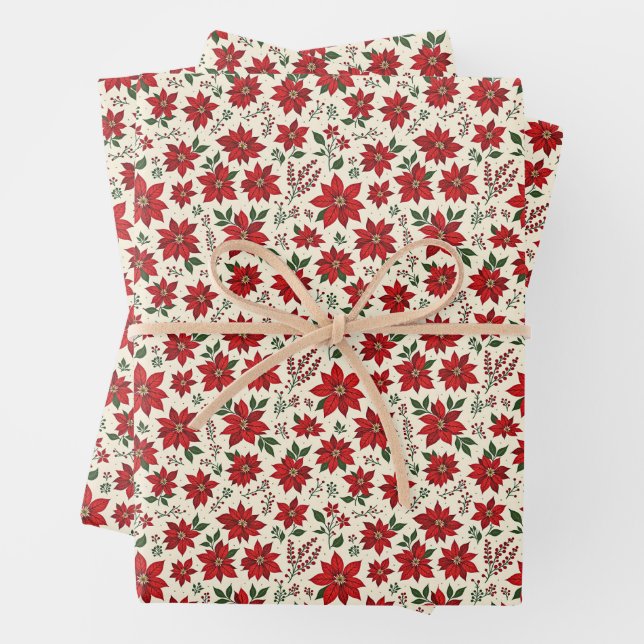 Bright Red Poinsettias Wrapping Paper Sheet (In situ)