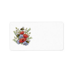 Bright Red POPPIES, Blue Flowers, BEES Label
