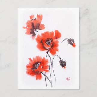 Bright red poppies sumie ink and watercolor postcard