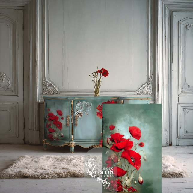Bright Red Poppies Turquoise Teal Tissue Paper (Vibrant Poppies, Botanical Art, Red and turquoise teal, long stem flowers decoupage tissue paper.)