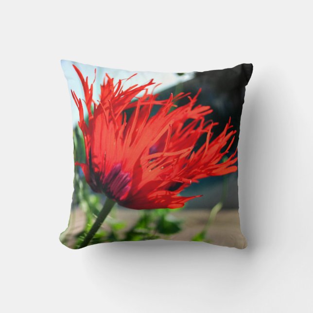 Bright Red Poppy Flower Throw Pillow (Front)