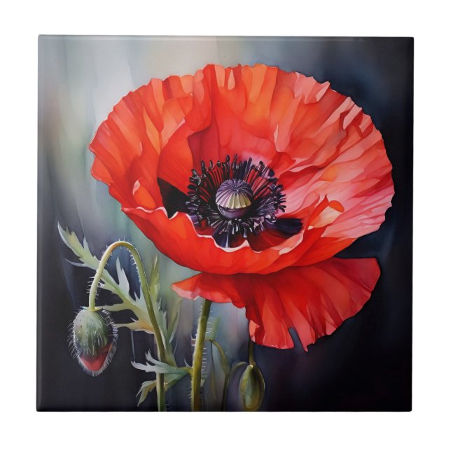Bright Red Poppy with Dark Centre Tile (Front)