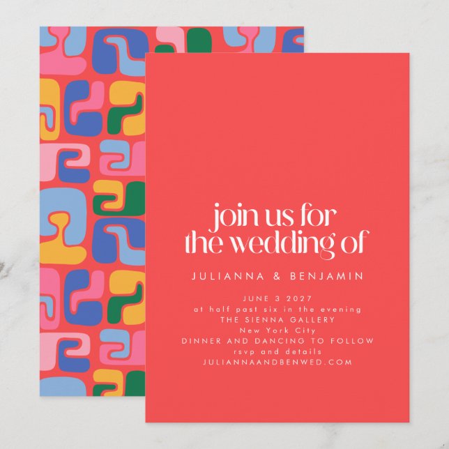 Bright Red Retro Cool Abstract Shapes Art Wedding Invitation (Front/Back)