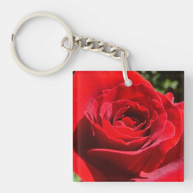 Bright Red Rose Flower Beautiful Floral Keychain (Front)