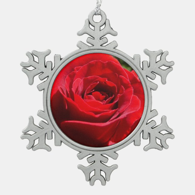 Bright Red Rose Flower Beautiful Floral Snowflake Pewter Christmas Ornament (Front)