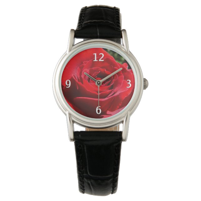 Bright Red Rose Flower Beautiful Floral Watch (Front)