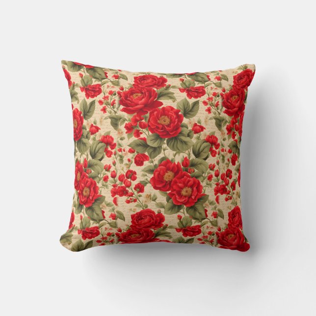 Bright Red Roses and Text Junk Journal Throw Pillow (Front)