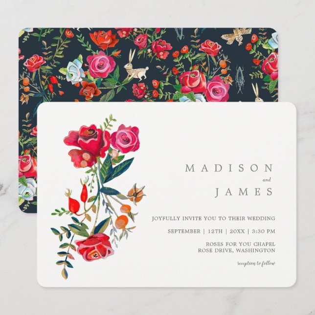 Bright red roses floral wedding invitation (Front/Back)