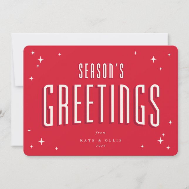 Bright Red Season's Greetings Retro Stars Flat Holiday Card (Front)