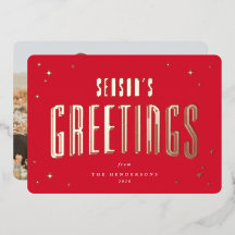 Bright Red Season's Greetings Retro Stars Photo 