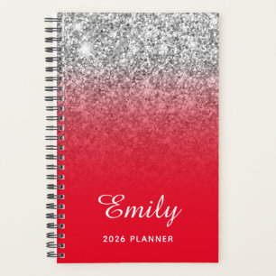 Bright Red Silver Glitter Ombre Personalized Planner