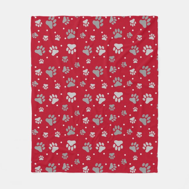 Bright Red & Silver Gray Paw Prints Fleece Blanket (Front)