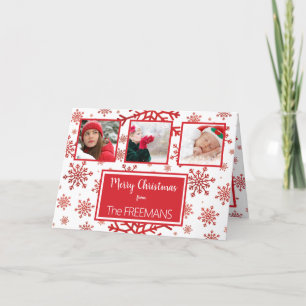 Bright Red Snowflake 3 Photo Collage Personalize Holiday Card
