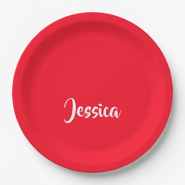 Bright red solid plain paper plate (Front)