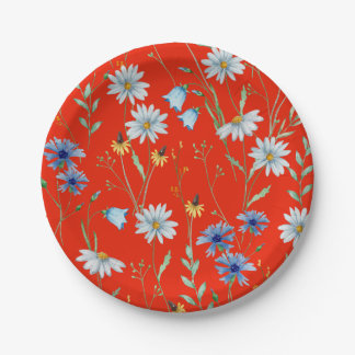 Bright Red Summer Floral Paper Plate