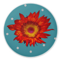 Bright Red Sunflower on Blue Ceramic Pull Knob