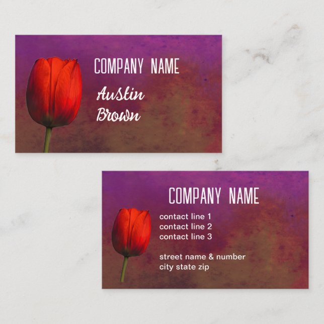  bright red tulip flower art on purple and rust business card (Front/Back)
