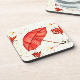 Bright red umbrella and red leaves watercolor coaster