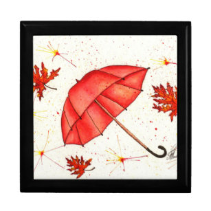 Bright red umbrella and red leaves watercolor gift box