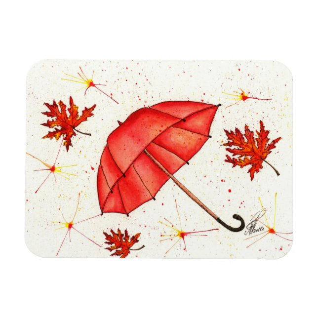 Bright red umbrella and red leaves watercolor magnet (Horizontal)