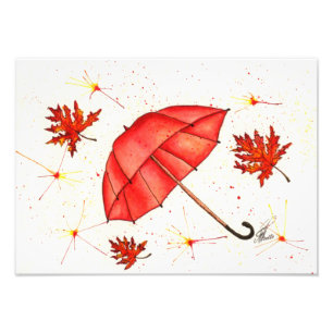 Bright red umbrella and red leaves watercolor photo print
