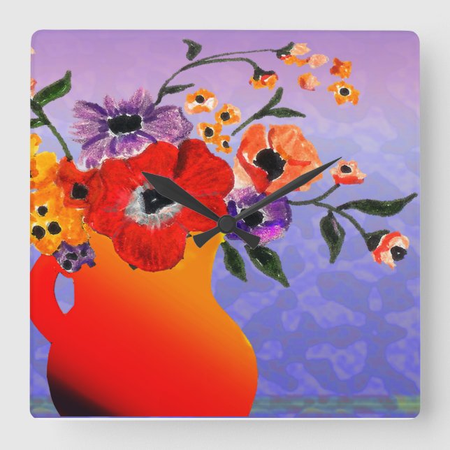 Bright Red Vase of Flowers Square Wall Clock (Front)