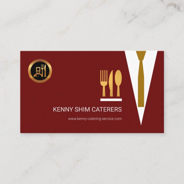 Bright Red Waiter's Suit Gold Cutlery Caterer Business Card (Front)