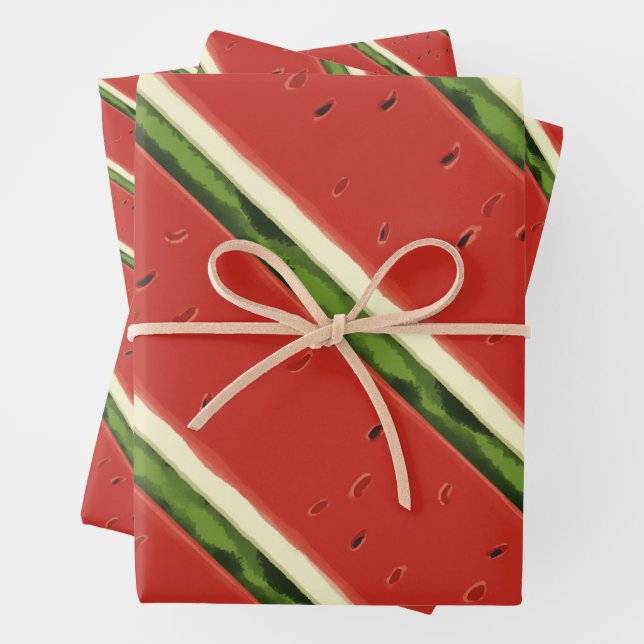 Bright Red Watercolor Watermelon Flat Set Wrapping Paper Sheet (In situ)